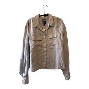 NWT GAP Shirt Womens Sz M Cropped Button Up Light Blue Long Sleeve 100% Linen